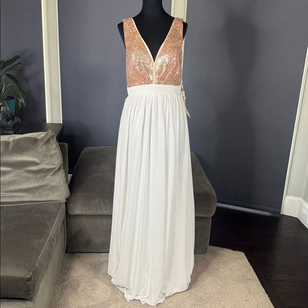 Women’s Full Length Prom Party Dress Deep V-Neck Sequined Bodice Bow Size 8 NEW